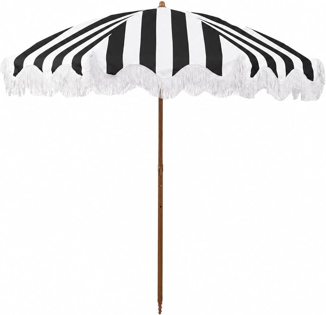 Rayjee 6.5FT Outdoor Patio Umbrella with Fringe, Boho Beach Umbrella | UV Protection | Tilt & Adjustable Height | Portable 2-Piece Aluminum Pole | Perfect for Pool, Garden, Party & Beach