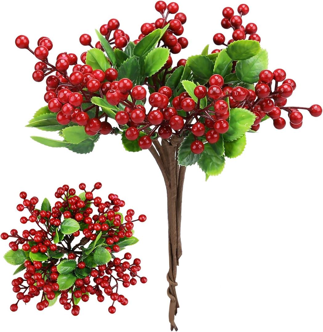 Felice Arts 6 Pack Christmas Picks Artificial Red Berry Stems Fake Holly Berries for Xmas Tree Ornaments DIY Wreath Vase Fireplace Decor