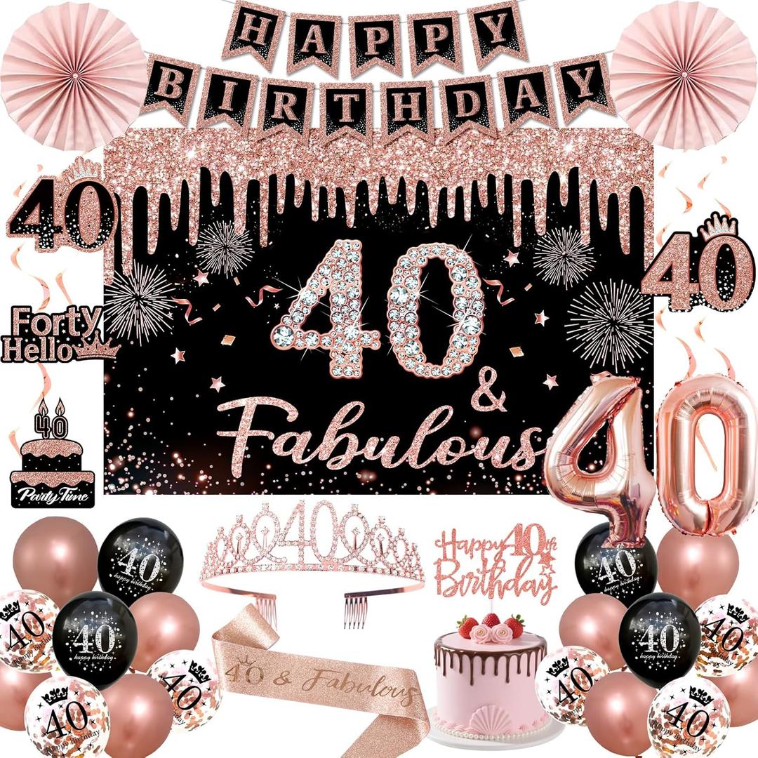 40th Birthday Decorations for Women - 34pcs Black Rose Gold Birthday Party Decor Include Happy 40th Birthday Banner 40 Years Old Crown Sash Backdrop Balloons Cake Topper Hanging Swirls Paper Fans