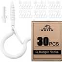 ADIIL 30 PCS Q Hanger Hooks with Safety Buckle, Windproof Screw Hooks for Hanging Outdoor String Lights, Plants, Christmas Patio Lights, 2.2 Inches, White