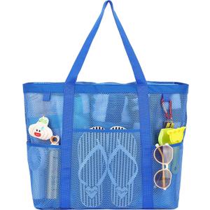 Fammart Mesh Beach Bag with Zipper, Large Beach Tote for Women, Toys Pool Swim Bag Travel Vacation Cruise Essentials