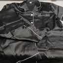 Exemaba Women's Satin Pajama Set Short Sleeve Silk Top and Pants Set Classic Button Down 2-Piece Sleepwear Loungewear(Black, S)