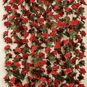 Valentine's Day 5PCS Red Rose Garland Artificial Flowers, 16 Heads Rose Garland for Wall Decor, Home Decor, Wedding, Party Backdrop, Romantic Bedroom, Spring Mantle Decoration