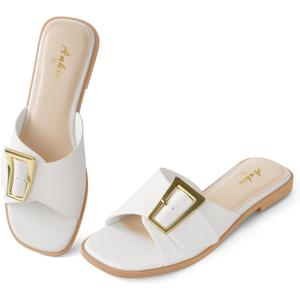 Ankis Black White Brown Women's Flat Sandals Comfortable Flat Sandals for Dressy Summer Women's Slide Sandals (Beige)