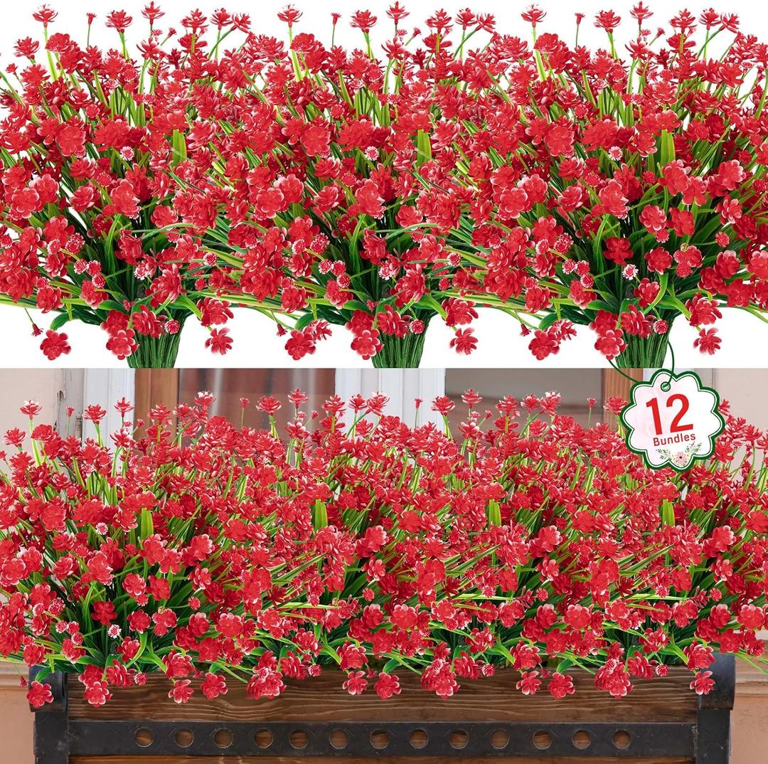 Ouddy Decor 12 Bundles Artificial Flowers for Outdoors UV Resistant Fake Plastic Plants Faux Greenery Stems for Spring Summer Indoor Garden Patio Window Box Kitchen Home Decor, Red