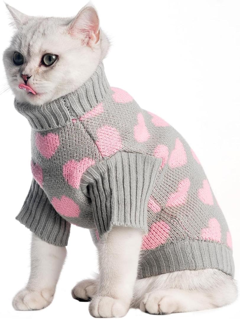 KOOLTAIL Cat Sweater - Valentine's Day Outfit with Hear Love Pattern Cold Weather Soft Warm Knit Turtleneck Clothes for Cats Kitten Small Dogs Puppy Greay L (Grey)