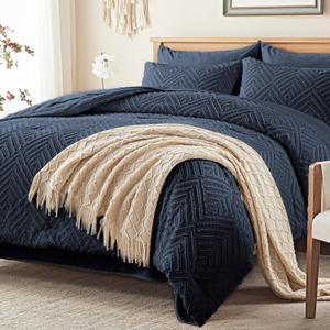 Zzlpp King Comforter Set 7 Pieces, Navy Blue Tufted Bed in a Bag with Comforter and Sheets, All Season Boho Bedding Sets with Comforter, 2 Pillow Shams, 2 Pillowcases, 1 Flat Sheet, 1 Fitted Sheet