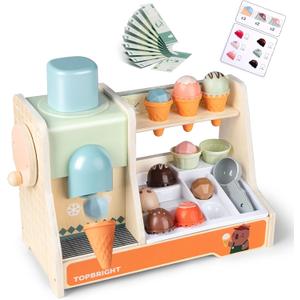 Top Bright Ice Cream Toy for Toddlers 3+, Wooden Ice Cream Pretend Play Kitchen Set, Ice Cream Cart for Kids Food Toys with 30 Accessories