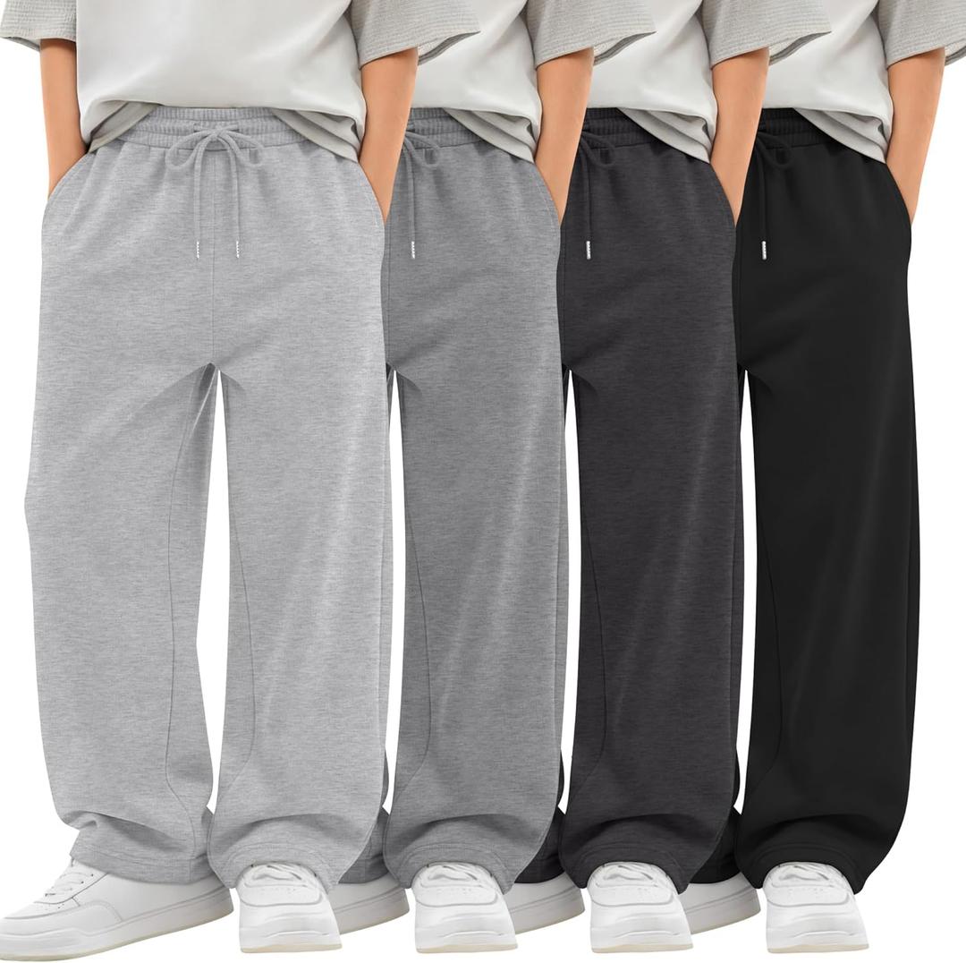 4 Pack Boys Baggy Sweatpants Teen Youth Casual Pants Open Bottom Kids Athletic Drawstring Joggers with Pockets Size: 11-12 Years