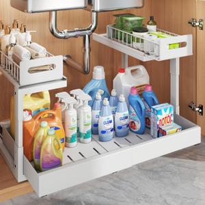 1 Pack Expandable Under Sink Organizers Storage With Upgrade Ball-Bearing Slide Tracks,2-Tier Pull Out Under Cabinet Organizer Height Adjustable,Not Suitable For Cabinets With Partitions In The Middle (White)