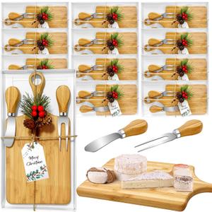 12 Set Christmas Gifts Bridal Shower Favor Bamboo Wooden Square Cheese Board Gift Set Cheese Knives Mini Cutting Board Bulk Set Tags and Boxes Christmas Party Birthday