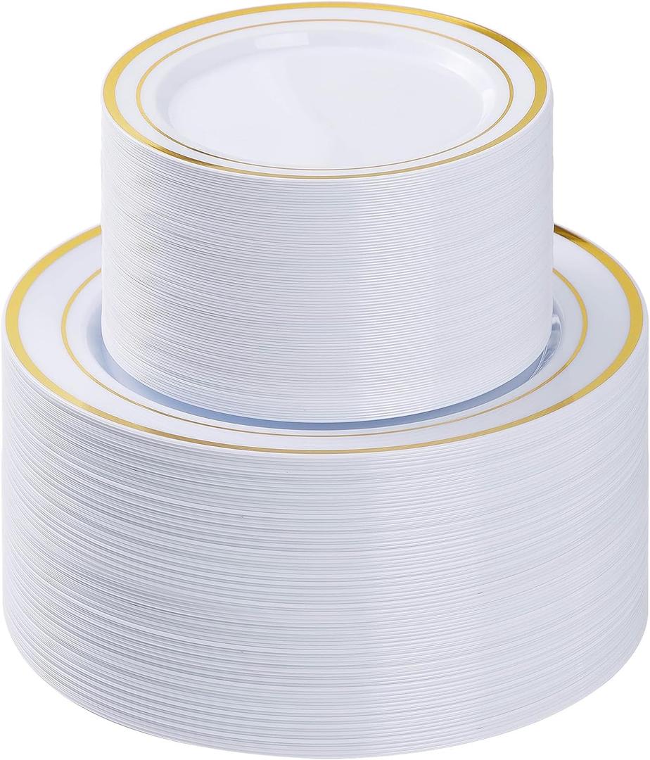 200PCS Gold Plastic Plate, Disposable Party Plates with 100 Dinner Plates and 100 Dessert Plates, Plastic Plates for Party, Wedding and Birthday
