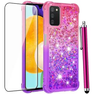 for Samsung Galaxy A03S Case with Glass Screen Protector for Women Girls,Glitter Bling Flowing Liquid Sparkle Cute Soft TPU Shockproof Protective Phone Case for Samsung Galaxy A03S-Pink/Purple
