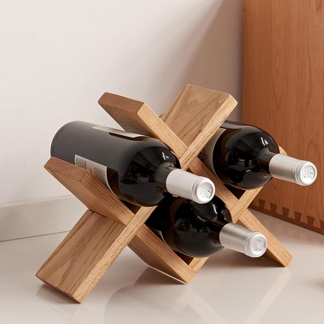 Wine Rack Countertop Oak Solid Wood Wine Organizer Rack 4 Bottles Holder for Wine, Drinks, Beer, Suit for Home, Bar, Kitchen,Cellar Basement,Oak