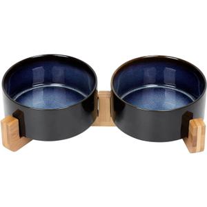 SPUNKYJUNKY Ceramic Dog and Cat Bowl Set with Wooden Stand, Modern Cute Weighted Food Water Set for Small Size Dogs (13.5OZ) & Medium Sized Dogs (28.7OZ) & Cats (3.6 Cups, 2  Starry Blue)