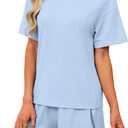 JUSTFASHIONNOW Split Short Bamboo Pajama Set Cute Summer Pjs for Women 2 Piece Short Sleeve Lounge Sets Soft Sleepwear (Blue, M)