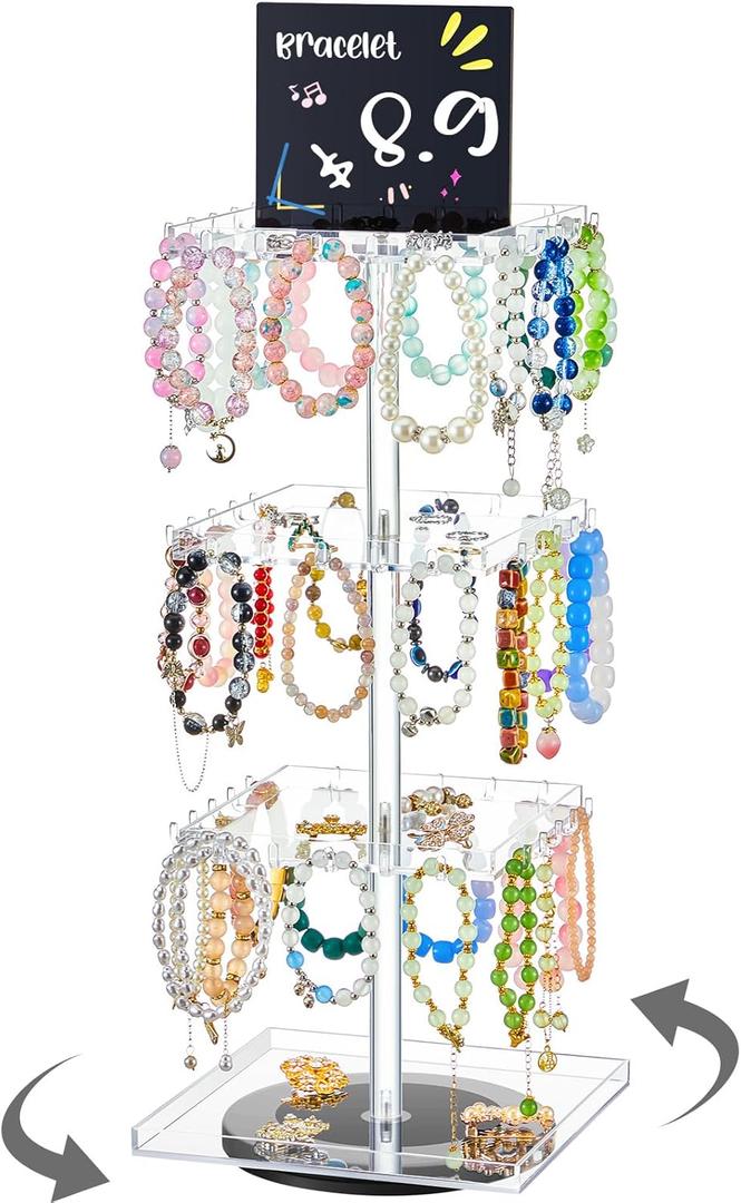 4-tier Bracelet Holder 360 Rotating Acrylic Bracelet Display Stand with 60 Hooks, Jewelry Holder Organizer with Tray, Jewelry Display Stand with Advertising Board for Bangles Keychain Earrings Vendor