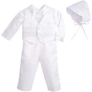 Dressy Daisy Baby Boys Christening Clothing Baptism Outfits with Bonnet Short Long Sleeve White Suit (0-3 Months)