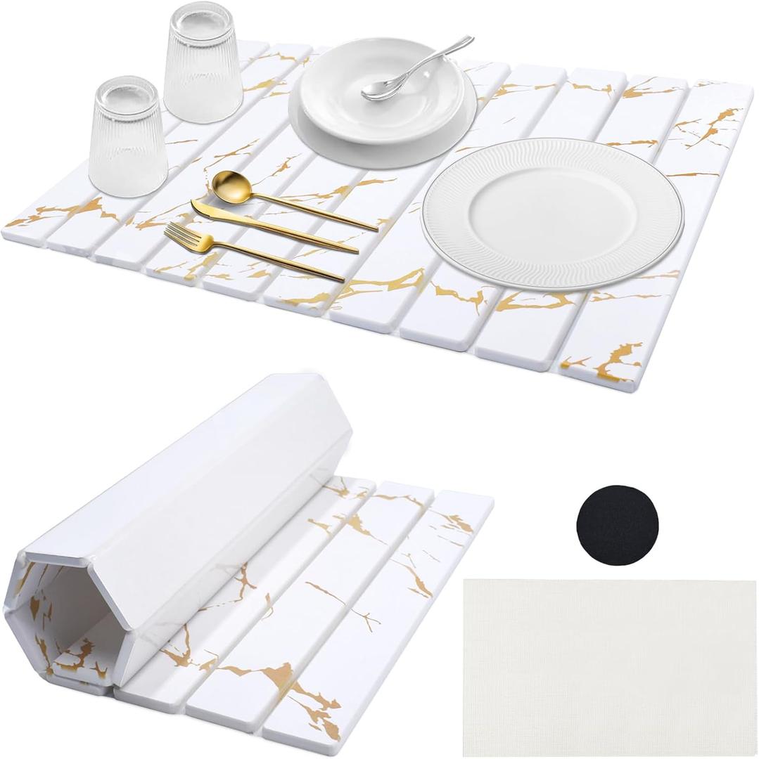 DOUBFIVSY Large Stone Dish Drying Mat for Kitchen Counter, 24"16" Collapsible Kitchen Dish Drying Mat, Absorbent Diatomaceous Earth Bath Mat Quick Dry for Dishes Bottles Cups (Gold, 24" x 16")