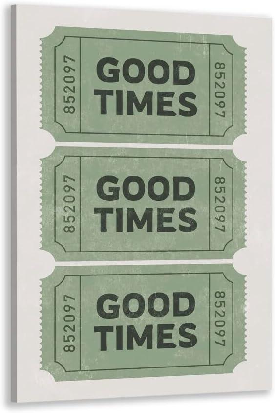 Vintage Green Wall Art Good Times Ticket Bathroom Wall Decor Preppy Girly Cream Room Decor Trendy Canvas Poster Funny Quote Print for College Apartment Bedroom Aesthetic 16x24inch Framed