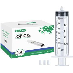HiMo Pack of 50 - 60mL Luer Lock Syringe without Needle Large Plastic Sterile Syringes with Cap 50mL/60cc