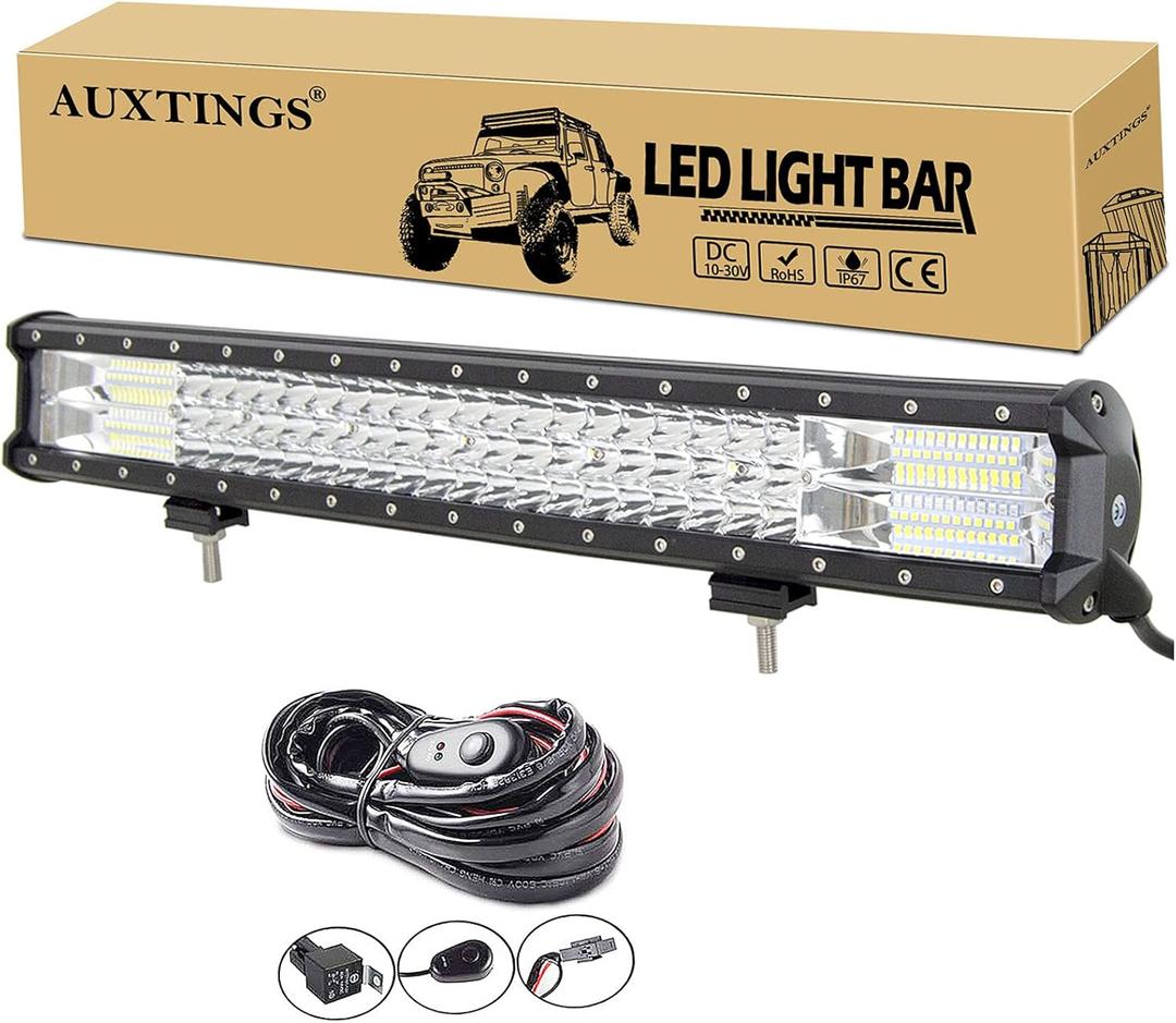 AUXTINGS 22 inch 324W LED Light Bar Triple Row Spot Flood Combo Beam Off Road Lights Waterproof Work Light with Wiring Harness for Jeep Trucks SUV ATV UTV Boat Lights, 12V 24V (22 pouces 3 fichiers + cblage)