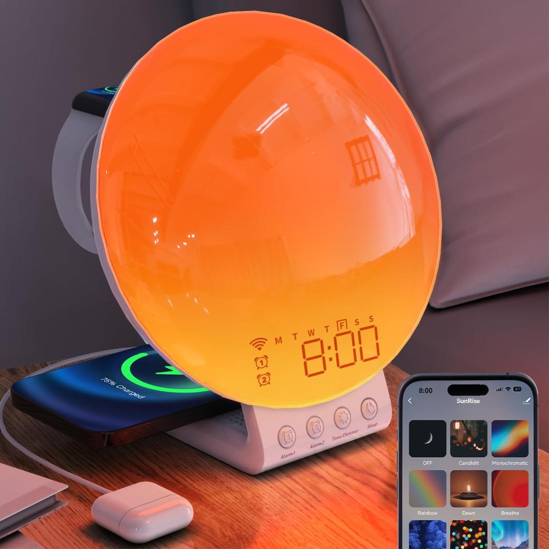MOMILLA Sunrise Alarm Clock, 3 in 1 Wireless Charging Station, Smart App Control White Noise Sound Machine, Wake up Light, Sunset Night Light Alarm Clocks for Heavy Sleepers Kids