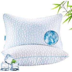 Luxe Linen Reversible Soft & Cooling Bed Pillow for Sleeping Set of 2, Queen Cozy Bamboo Rayon Pillow for Side, Back & Stomach Sleepers, PE Cooling Adjustable Shredded Memory Foam Pillows 20"*30"