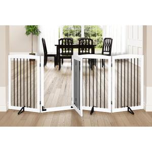 PUPETPO Freestanding Dog Gates with Door Walk Through, 80 inch Wide Gates Indoor, Dog Fences Indoor, Support Feet Included, 4 Panels, 32" Tall, White & Black