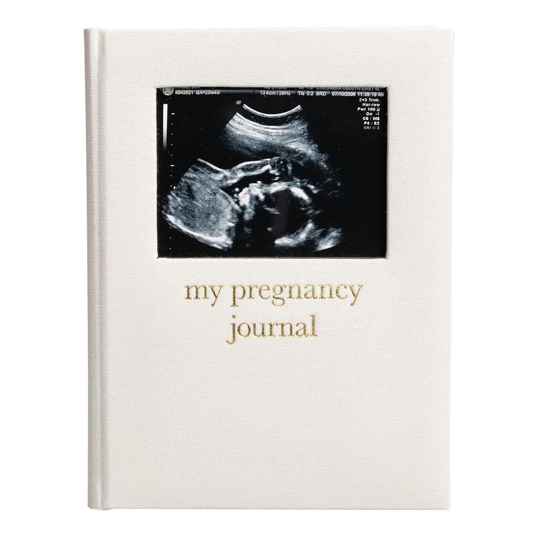 Pearhead Pregnancy Journal, Linen Guided Pregnancy Memory Book with Sonogram Photo Insert, Beige