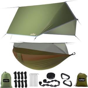 Sunyear Camping Hammock, Portable Single & Double Hammock with Net, 2 Person Hammock Tent with 2 * 10ft Straps, Best for Outdoor Hiking Survival Travel (Usa Coffee/Green Bundle)