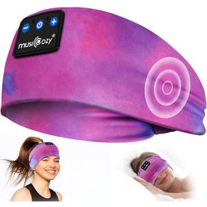 MUSICOZY Sleep Headphones Bluetooth 5.4 Headband, Wireless Earphones Sweat Resistant Earbuds with Ultra-Thin HD Stereo Speaker for Workout Running(Tie-dye Pink)