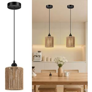 BoostArea 2 Pack Rattan Pendant Lights Kitchen Island, Farmhouse Chandelier with Handwoven Wicker Shade, Adjustable Height Boho Hanging Light for Kitchen Island/Dining Room/Bedroom/Hallway, No Bulb
