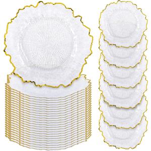 24 Pcs Clear Charger Plates Bulk, 13" Reef Plate Chargers for Dinner, Plastic Floral Decorative Plates for Table Setting, Wedding, Party, Event, Decoration
