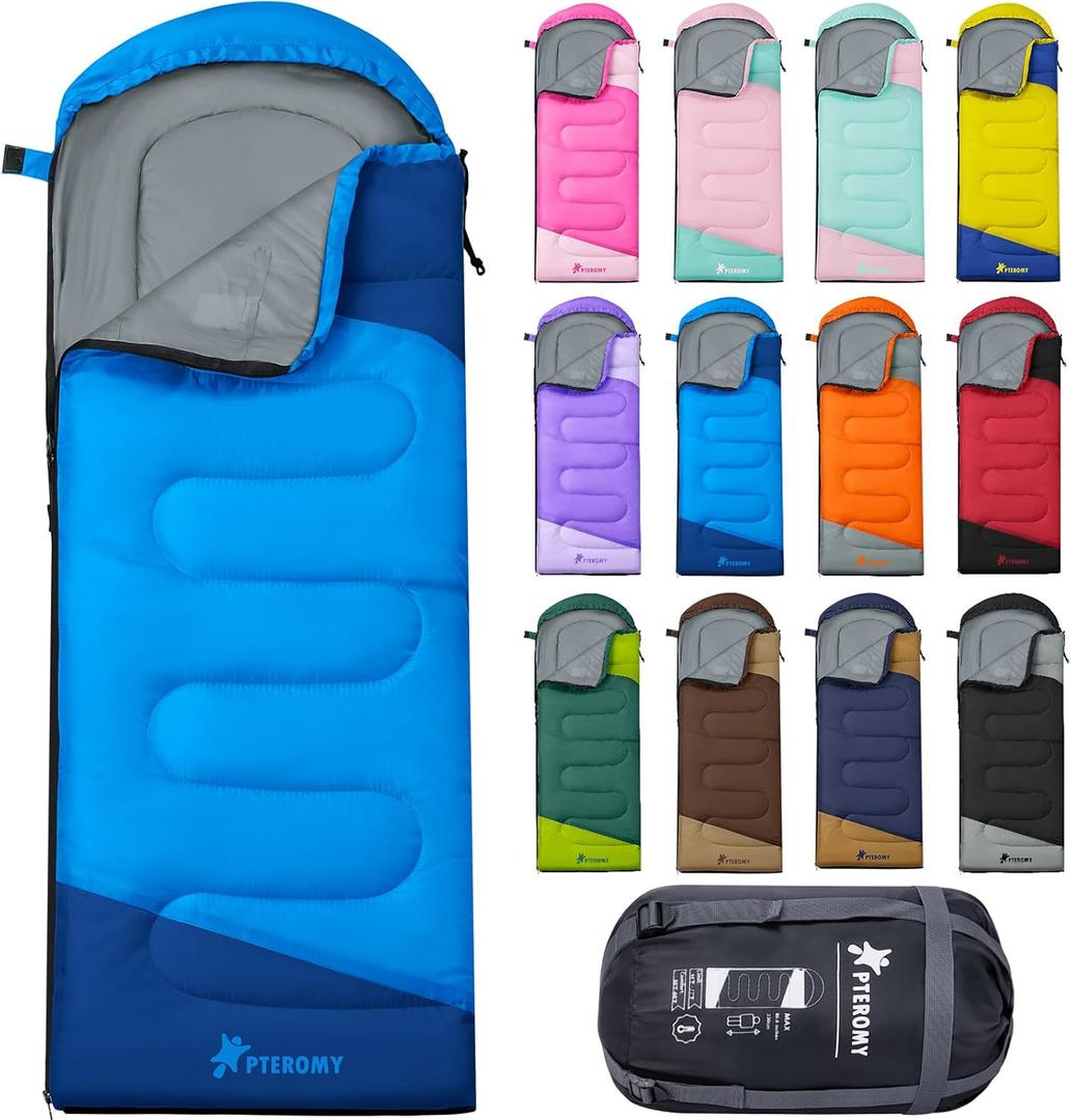 PTEROMY Sleeping Bags for Adults, Lightweight and Machine Washable, Water Resistant Backpacking Camping Sleeping Bag for Warm Cold Weather, Camping Essentials for Hiking Travel (50F~80F, Blue)