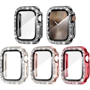 Goton 4-Pack Bling Case for Apple Watch Series 11/10 Screen Protector Case 42mm, Women Glitter Diamond Rhinestone Protector for iWatch Cover Accessories 42 mm (Red+Rose Gold+Starlight+Black( Glass))