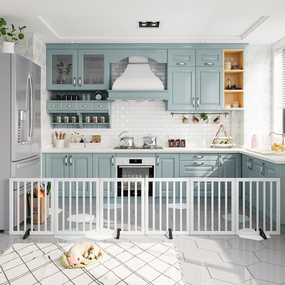 Dog Gates for Doorways Extra Wide 110inches (9ft), Wooden Freestanding Pet Gates for Dogs with 4 Support Stands, Foldable Gates for Dogs Indoor (White)