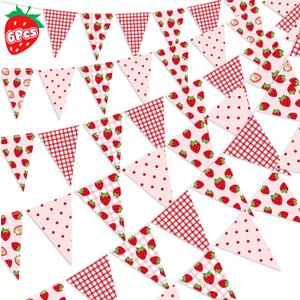 6PCS Strawberry Decor Pennant Banners Red Pink Triangle Flags Garland Berry First Birthday Baby Shower Party Decorations