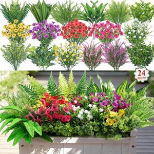 Alupssuc 24 Pcs Artificial Plants Flowers for Outdoors, Realistic Faux UV Resistant Greenery & Silk Flowers,Fake Plastic Shrubs Stems No Fade for Indoor Outside Garden Patio Spring Planter Home Decor