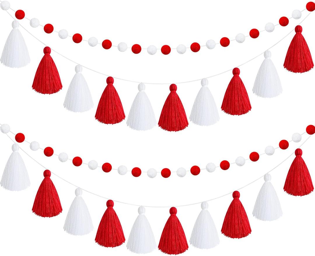 Syhood 4 Pcs Easter Pom Pom Tassel Garland Felt Pompom Ball Banner Tassel Garland for Hanging Decorations Easter Party Supplies Home Decor(Red White Color)