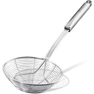 Anaeat Stainless Steel Spider Strainer Skimmer - Solid Kitchen Strainer Ladle with Long Handle for Cooking and Frying, Reinforced Double Coil Slotted Spoons for Pasta, Noodle, Spaghetti (7 Inch)