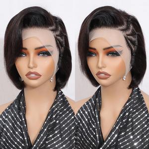 Pixie Cut Wig Human Hair Natural Color Braided Wigs Human Hair Short 8 Inches Pixie Wig Brazilian Remy Straight Pre Plucked Braided Lace Front Wigs for Black Women 180% Density