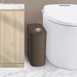 Cesun Automatic Motion Sensor Bathroom Trash Can with Lid, 2.6 Gallon Touchless Trash Bin, Smart Plastic Slim Garbage Can Small Brown Wastebasket for Toilet, Office, Rv, Bedroom, Living Room