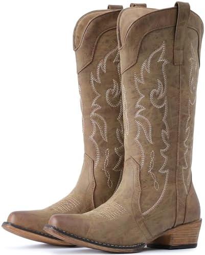 IUV Cowboy Boots for Women Mid Calf Fashion Cowgirl Boots with Embroidery Western Snip Toe 8.5