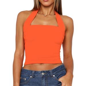 ForeFair Women Halter Neck Backless Crop Top Sexy Y2K Sleeveless Tank Top Open Back Slim Fit Tops (Medium, Orange)