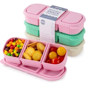 3 Pack Silicone Reusable Snack Containers with Lids - 3 Compartment Snackle Box for Kids & Adults, BPA-Free & Leakproof, for Lunchable, Sauce, School, Travel, Work Apricot, Green, Pink