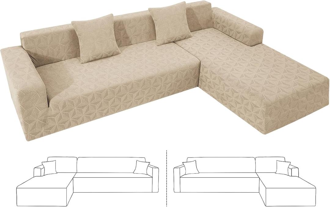 ZNSAYOTX Stretch Sectional Couch Covers New-Triangle Texture, Thick Slipcovers with Elastic Bottom for L Shape Sectional Sofa, 2 Pc Pet Friendly Universal Protector for(Sofa or Chaise), Khaki