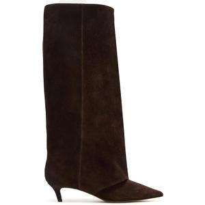RBRKGNH Brown Suede Knee High Boots for Women Comfortable Pull on Pointed Toe 2 Inch Kitten Heel Fold Over Boots. 9, Brown