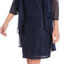 R&M Richards Women's Glitter Lace Sheath Dress W/Embellished Jewel Neck & Chiffon Draped Jacket Set for Special Occasions (Blue, 14)