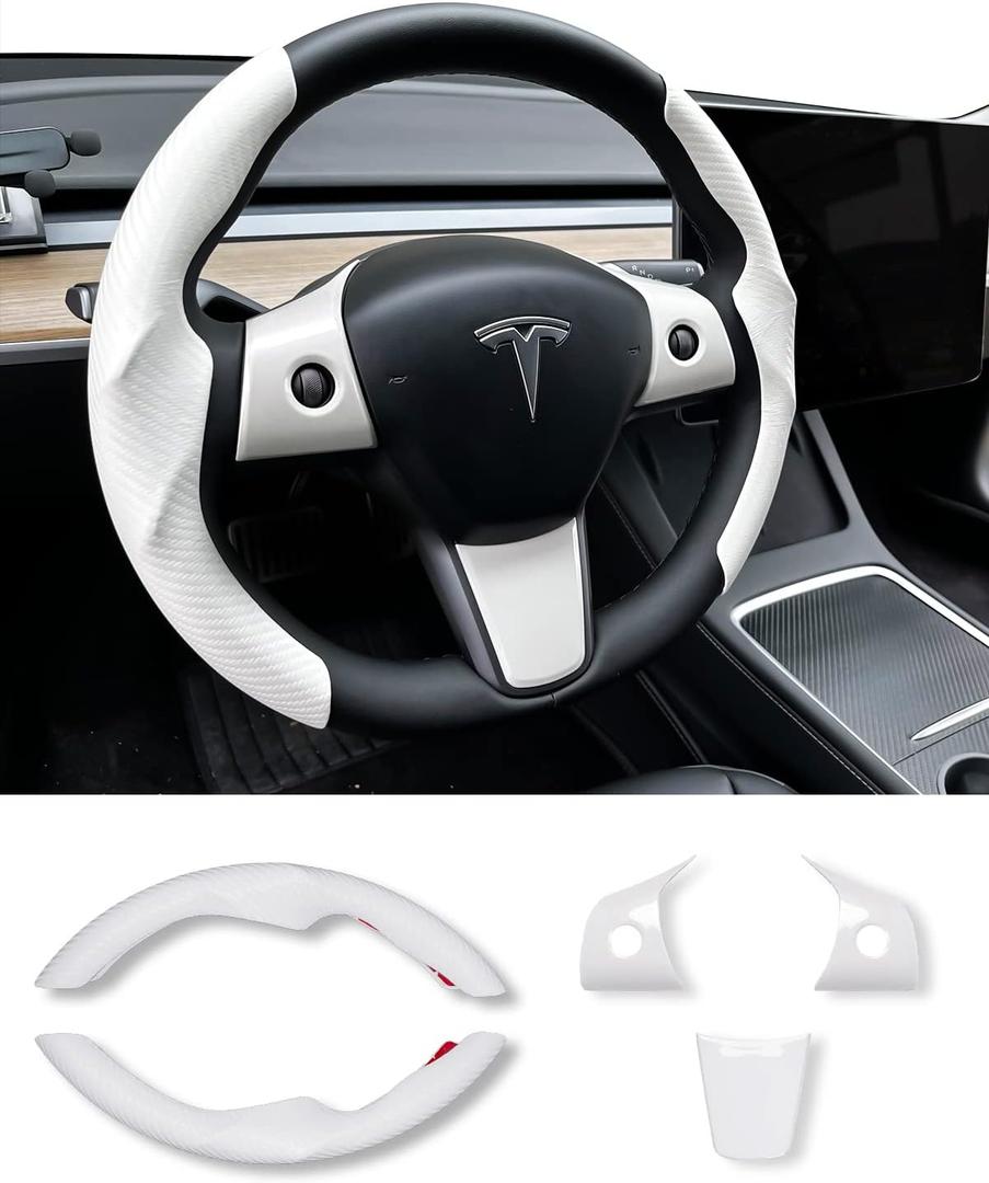 Uxcer Carbon Fiber Steering Wheel Cover & ABS Wrap Kit for Tesla Model 3 / Y Accessories White
